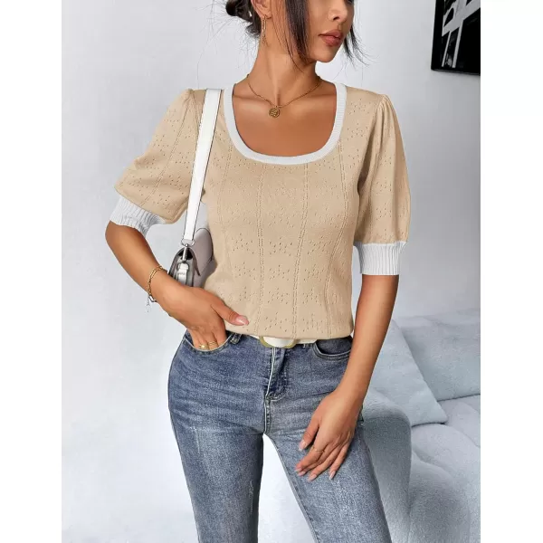 imageHOTOUCH Sweater for Women 2024 Fall Trendy Puff Tops Casual Eyelet Knit Square Neck Tunic Shirt Blouses SXXLBeige White Colorblock