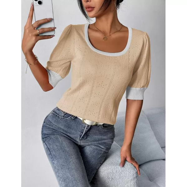 imageHOTOUCH Sweater for Women 2024 Fall Trendy Puff Tops Casual Eyelet Knit Square Neck Tunic Shirt Blouses SXXLBeige White Colorblock