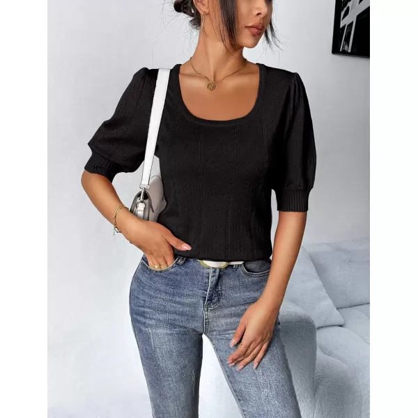 imageHOTOUCH Sweater for Women 2024 Fall Trendy Puff Tops Casual Eyelet Knit Square Neck Tunic Shirt Blouses SXXLBlack