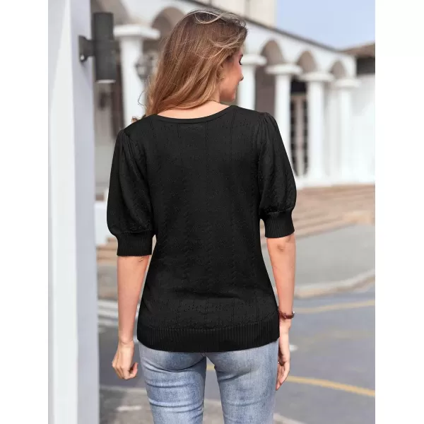 imageHOTOUCH Sweater for Women 2024 Fall Trendy Puff Tops Casual Eyelet Knit Square Neck Tunic Shirt Blouses SXXLBlack