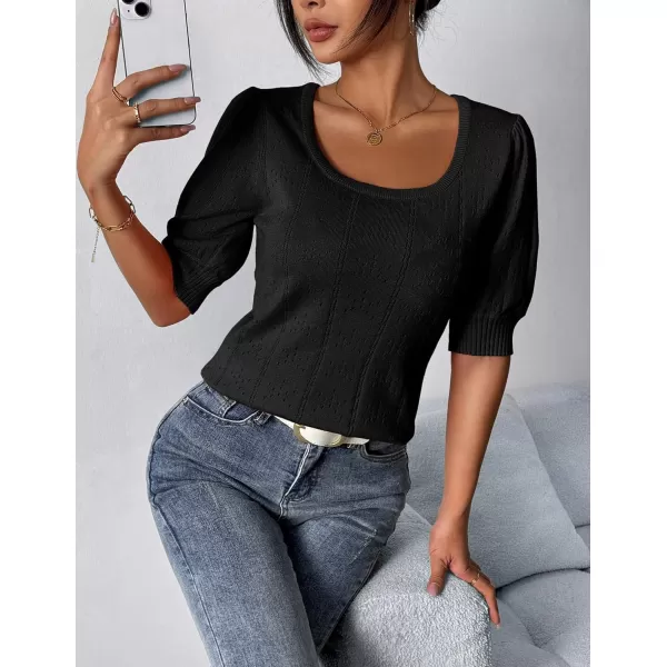 imageHOTOUCH Sweater for Women 2024 Fall Trendy Puff Tops Casual Eyelet Knit Square Neck Tunic Shirt Blouses SXXLBlack