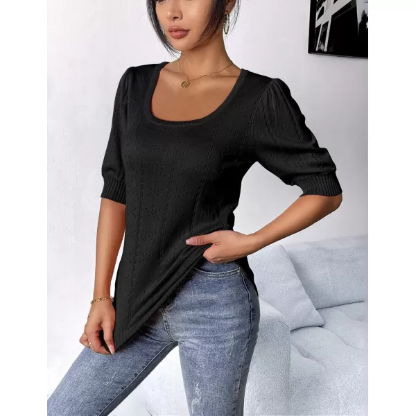 imageHOTOUCH Sweater for Women 2024 Fall Trendy Puff Tops Casual Eyelet Knit Square Neck Tunic Shirt Blouses SXXLBlack