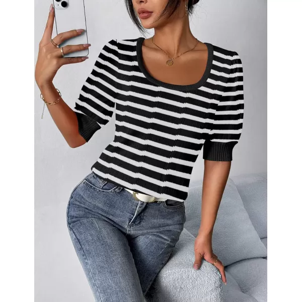 imageHOTOUCH Sweater for Women 2024 Fall Trendy Puff Tops Casual Eyelet Knit Square Neck Tunic Shirt Blouses SXXLBlack White Stripe