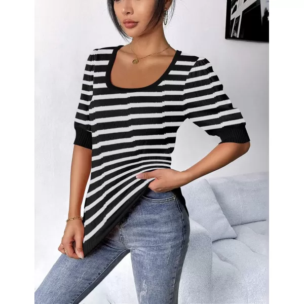 imageHOTOUCH Sweater for Women 2024 Fall Trendy Puff Tops Casual Eyelet Knit Square Neck Tunic Shirt Blouses SXXLBlack White Stripe