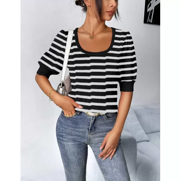 imageHOTOUCH Sweater for Women 2024 Fall Trendy Puff Tops Casual Eyelet Knit Square Neck Tunic Shirt Blouses SXXLBlack White Stripe