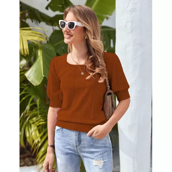 imageHOTOUCH Sweater for Women 2024 Fall Trendy Puff Tops Casual Eyelet Knit Square Neck Tunic Shirt Blouses SXXLCaramel