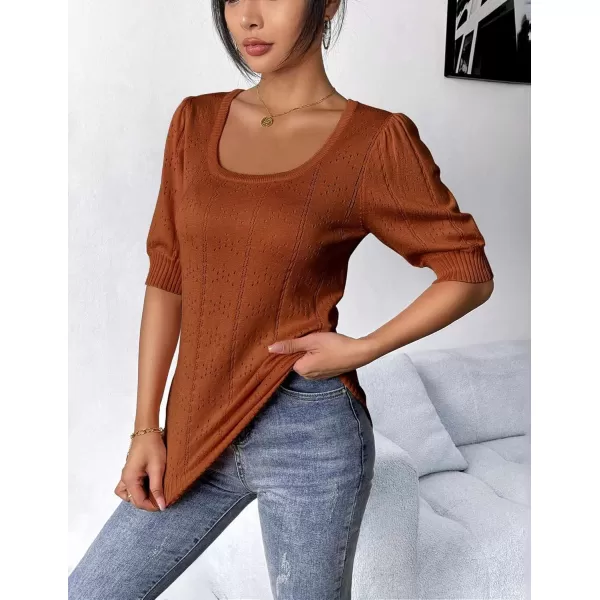 imageHOTOUCH Sweater for Women 2024 Fall Trendy Puff Tops Casual Eyelet Knit Square Neck Tunic Shirt Blouses SXXLCaramel