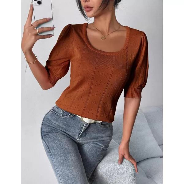 imageHOTOUCH Sweater for Women 2024 Fall Trendy Puff Tops Casual Eyelet Knit Square Neck Tunic Shirt Blouses SXXLCaramel