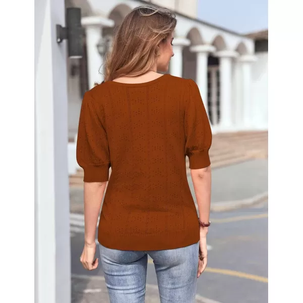 imageHOTOUCH Sweater for Women 2024 Fall Trendy Puff Tops Casual Eyelet Knit Square Neck Tunic Shirt Blouses SXXLCaramel