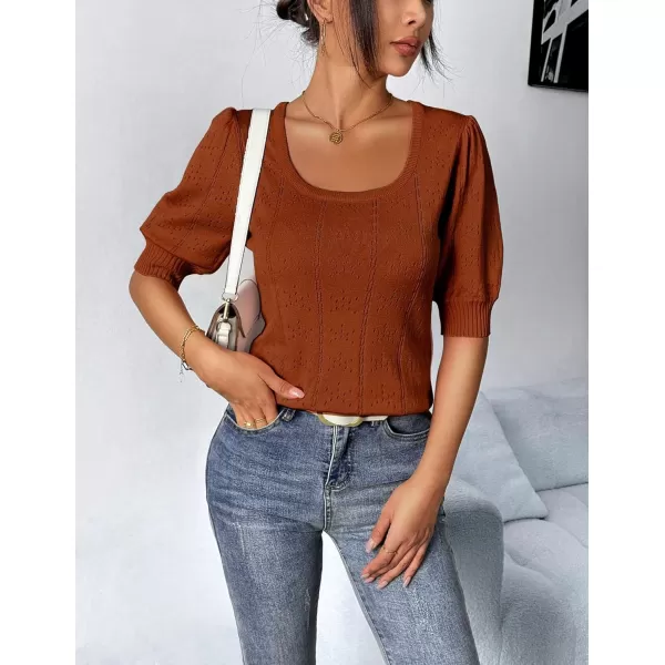 imageHOTOUCH Sweater for Women 2024 Fall Trendy Puff Tops Casual Eyelet Knit Square Neck Tunic Shirt Blouses SXXLCaramel