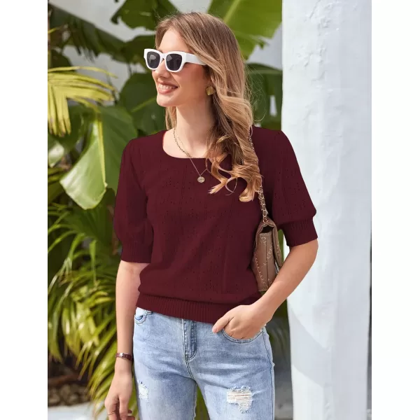 imageHOTOUCH Sweater for Women 2024 Fall Trendy Puff Tops Casual Eyelet Knit Square Neck Tunic Shirt Blouses SXXLDark Red