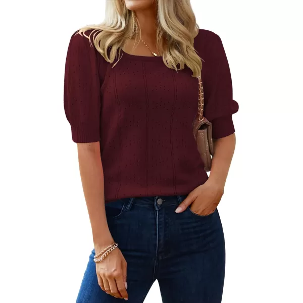 imageHOTOUCH Sweater for Women 2024 Fall Trendy Puff Tops Casual Eyelet Knit Square Neck Tunic Shirt Blouses SXXLDark Red