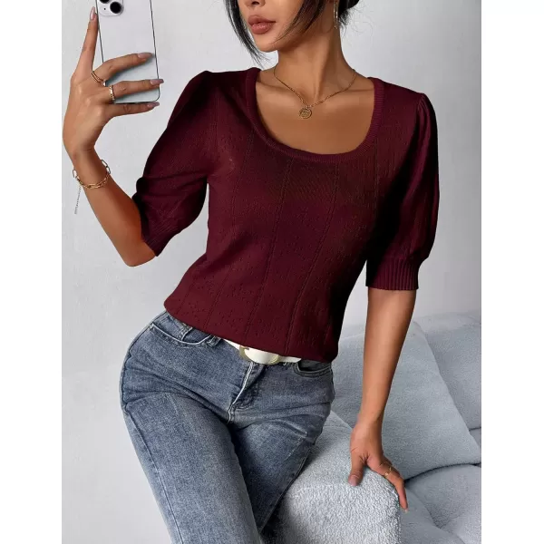 imageHOTOUCH Sweater for Women 2024 Fall Trendy Puff Tops Casual Eyelet Knit Square Neck Tunic Shirt Blouses SXXLDark Red