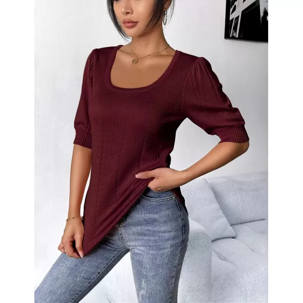 imageHOTOUCH Sweater for Women 2024 Fall Trendy Puff Tops Casual Eyelet Knit Square Neck Tunic Shirt Blouses SXXLDark Red