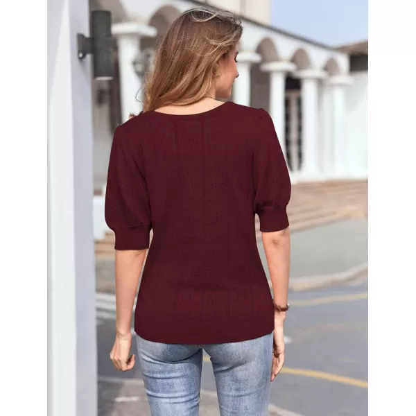 imageHOTOUCH Sweater for Women 2024 Fall Trendy Puff Tops Casual Eyelet Knit Square Neck Tunic Shirt Blouses SXXLDark Red