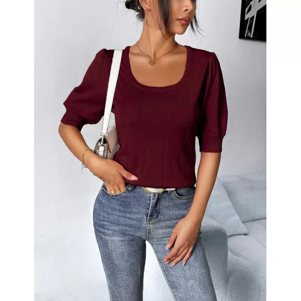 imageHOTOUCH Sweater for Women 2024 Fall Trendy Puff Tops Casual Eyelet Knit Square Neck Tunic Shirt Blouses SXXLDark Red