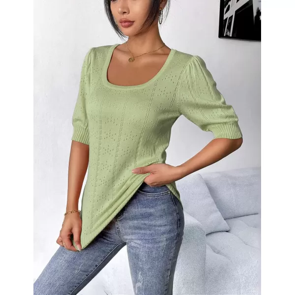 imageHOTOUCH Sweater for Women 2024 Fall Trendy Puff Tops Casual Eyelet Knit Square Neck Tunic Shirt Blouses SXXLGreen