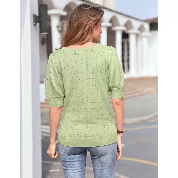 imageHOTOUCH Sweater for Women 2024 Fall Trendy Puff Tops Casual Eyelet Knit Square Neck Tunic Shirt Blouses SXXLGreen