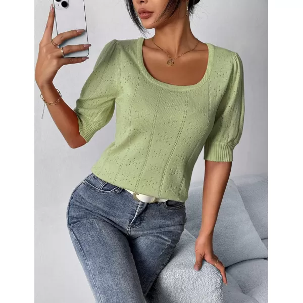 imageHOTOUCH Sweater for Women 2024 Fall Trendy Puff Tops Casual Eyelet Knit Square Neck Tunic Shirt Blouses SXXLGreen