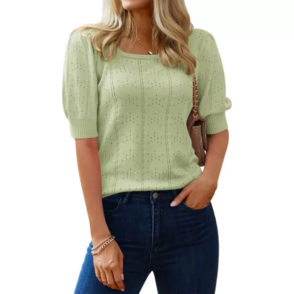 imageHOTOUCH Sweater for Women 2024 Fall Trendy Puff Tops Casual Eyelet Knit Square Neck Tunic Shirt Blouses SXXLGreen