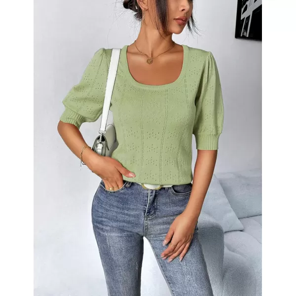 imageHOTOUCH Sweater for Women 2024 Fall Trendy Puff Tops Casual Eyelet Knit Square Neck Tunic Shirt Blouses SXXLGreen