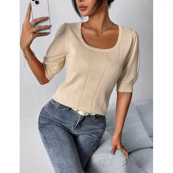 imageHOTOUCH Sweater for Women 2024 Fall Trendy Puff Tops Casual Eyelet Knit Square Neck Tunic Shirt Blouses SXXLLight Coffee