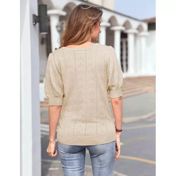 imageHOTOUCH Sweater for Women 2024 Fall Trendy Puff Tops Casual Eyelet Knit Square Neck Tunic Shirt Blouses SXXLLight Coffee