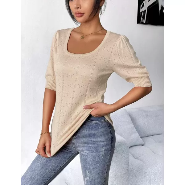 imageHOTOUCH Sweater for Women 2024 Fall Trendy Puff Tops Casual Eyelet Knit Square Neck Tunic Shirt Blouses SXXLLight Coffee