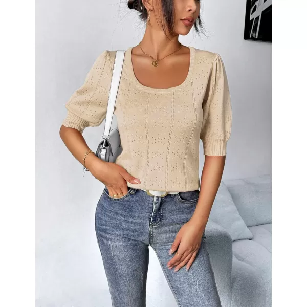 imageHOTOUCH Sweater for Women 2024 Fall Trendy Puff Tops Casual Eyelet Knit Square Neck Tunic Shirt Blouses SXXLLight Coffee