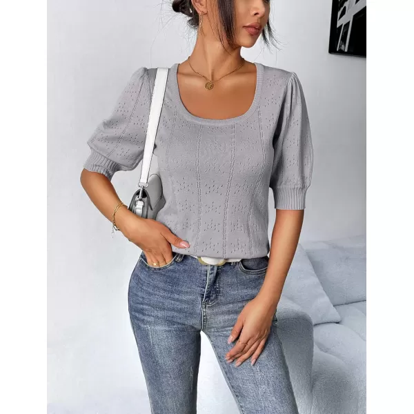 imageHOTOUCH Sweater for Women 2024 Fall Trendy Puff Tops Casual Eyelet Knit Square Neck Tunic Shirt Blouses SXXLLight Grey