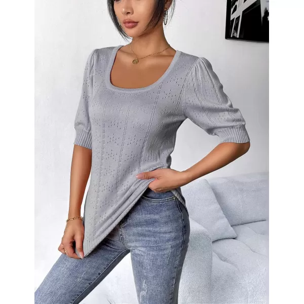 imageHOTOUCH Sweater for Women 2024 Fall Trendy Puff Tops Casual Eyelet Knit Square Neck Tunic Shirt Blouses SXXLLight Grey