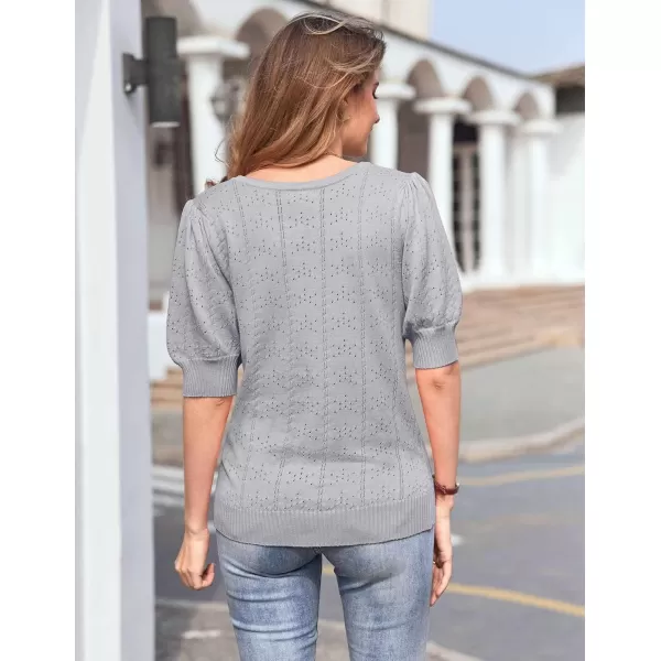 imageHOTOUCH Sweater for Women 2024 Fall Trendy Puff Tops Casual Eyelet Knit Square Neck Tunic Shirt Blouses SXXLLight Grey