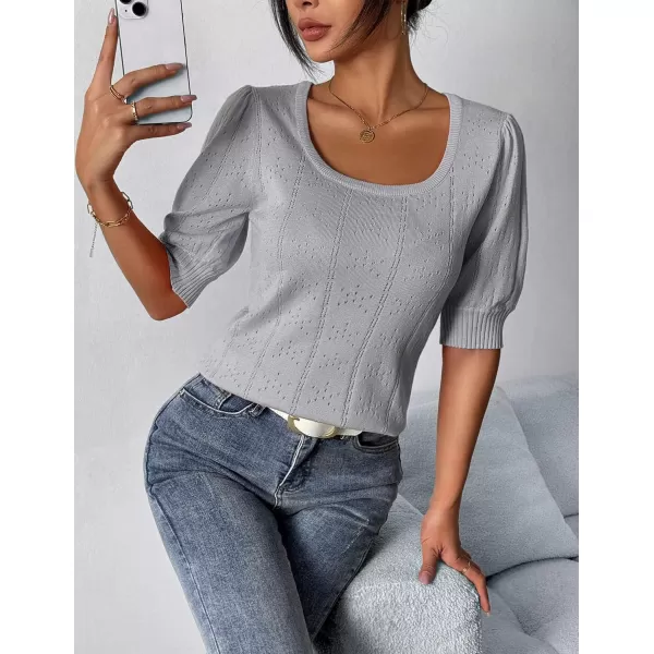 imageHOTOUCH Sweater for Women 2024 Fall Trendy Puff Tops Casual Eyelet Knit Square Neck Tunic Shirt Blouses SXXLLight Grey