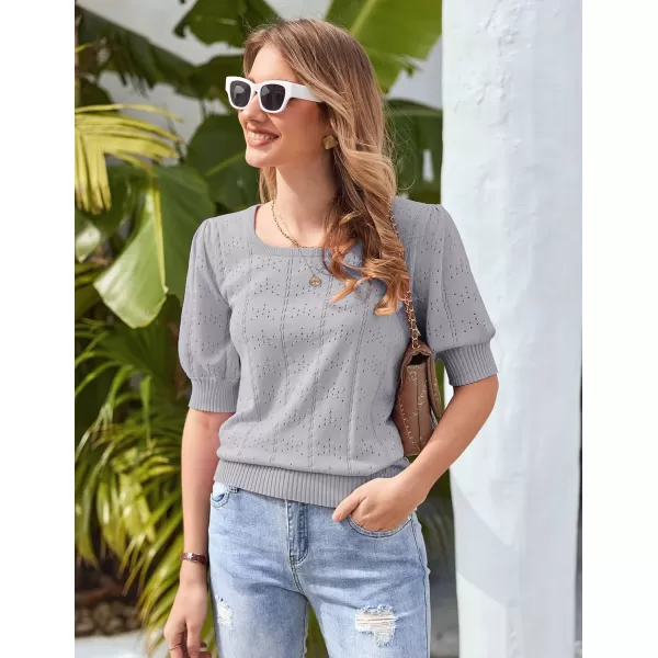 imageHOTOUCH Sweater for Women 2024 Fall Trendy Puff Tops Casual Eyelet Knit Square Neck Tunic Shirt Blouses SXXLLight Grey