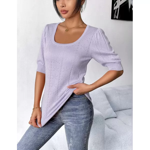 imageHOTOUCH Sweater for Women 2024 Fall Trendy Puff Tops Casual Eyelet Knit Square Neck Tunic Shirt Blouses SXXLLight Purple