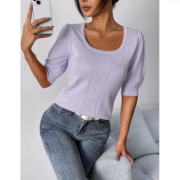 imageHOTOUCH Sweater for Women 2024 Fall Trendy Puff Tops Casual Eyelet Knit Square Neck Tunic Shirt Blouses SXXLLight Purple