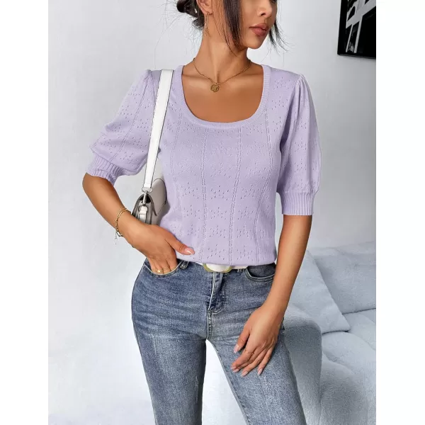 imageHOTOUCH Sweater for Women 2024 Fall Trendy Puff Tops Casual Eyelet Knit Square Neck Tunic Shirt Blouses SXXLLight Purple