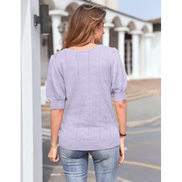 imageHOTOUCH Sweater for Women 2024 Fall Trendy Puff Tops Casual Eyelet Knit Square Neck Tunic Shirt Blouses SXXLLight Purple