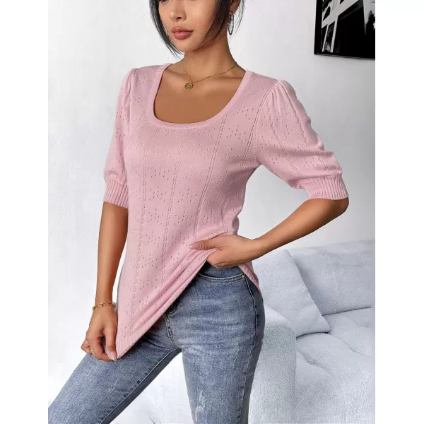 imageHOTOUCH Sweater for Women 2024 Fall Trendy Puff Tops Casual Eyelet Knit Square Neck Tunic Shirt Blouses SXXLLotus Pink