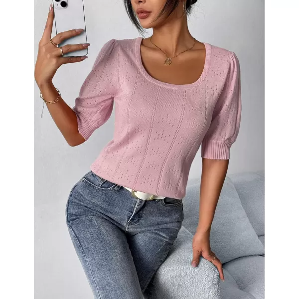 imageHOTOUCH Sweater for Women 2024 Fall Trendy Puff Tops Casual Eyelet Knit Square Neck Tunic Shirt Blouses SXXLLotus Pink