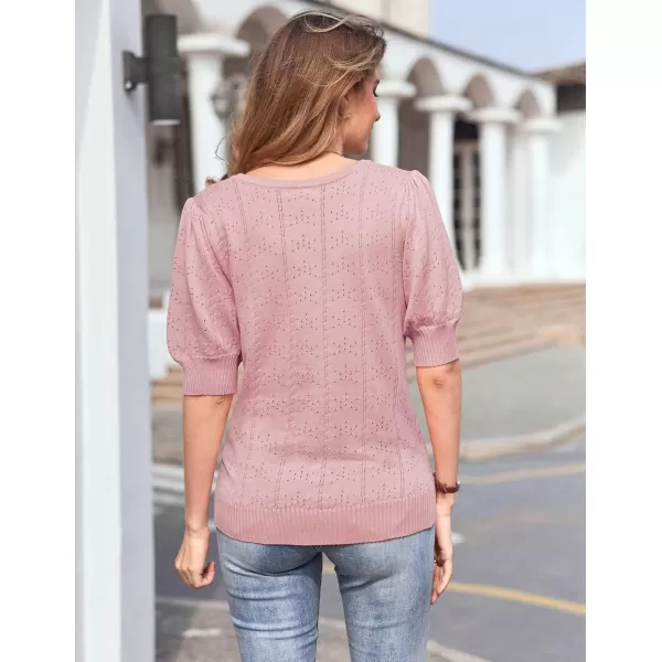 imageHOTOUCH Sweater for Women 2024 Fall Trendy Puff Tops Casual Eyelet Knit Square Neck Tunic Shirt Blouses SXXLLotus Pink