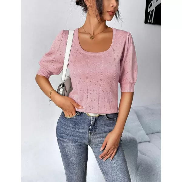 imageHOTOUCH Sweater for Women 2024 Fall Trendy Puff Tops Casual Eyelet Knit Square Neck Tunic Shirt Blouses SXXLLotus Pink