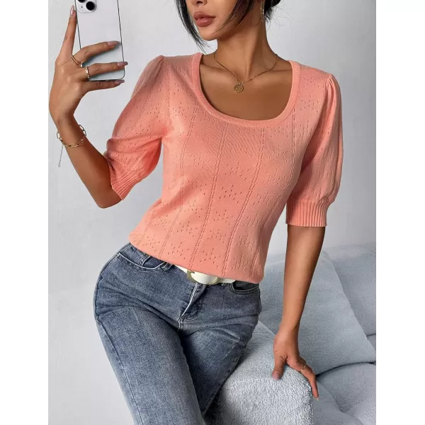 imageHOTOUCH Sweater for Women 2024 Fall Trendy Puff Tops Casual Eyelet Knit Square Neck Tunic Shirt Blouses SXXLOrange Pink