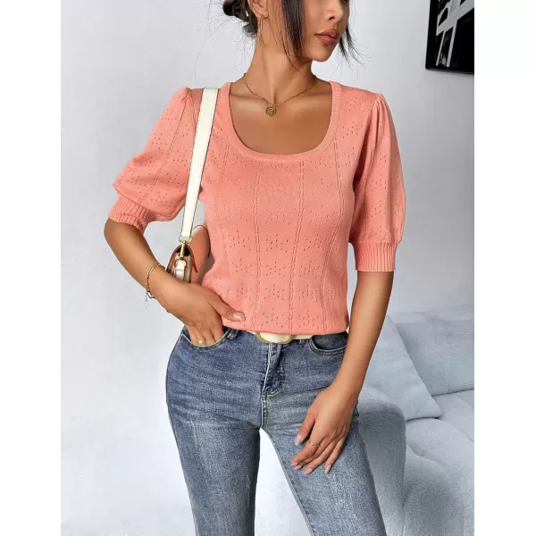 imageHOTOUCH Sweater for Women 2024 Fall Trendy Puff Tops Casual Eyelet Knit Square Neck Tunic Shirt Blouses SXXLOrange Pink