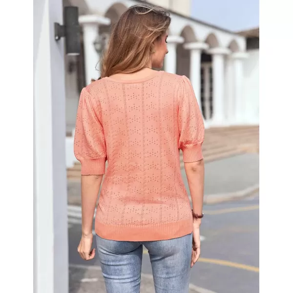 imageHOTOUCH Sweater for Women 2024 Fall Trendy Puff Tops Casual Eyelet Knit Square Neck Tunic Shirt Blouses SXXLOrange Pink