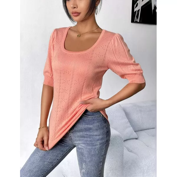 imageHOTOUCH Sweater for Women 2024 Fall Trendy Puff Tops Casual Eyelet Knit Square Neck Tunic Shirt Blouses SXXLOrange Pink