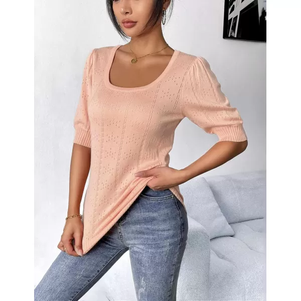 imageHOTOUCH Sweater for Women 2024 Fall Trendy Puff Tops Casual Eyelet Knit Square Neck Tunic Shirt Blouses SXXLPink