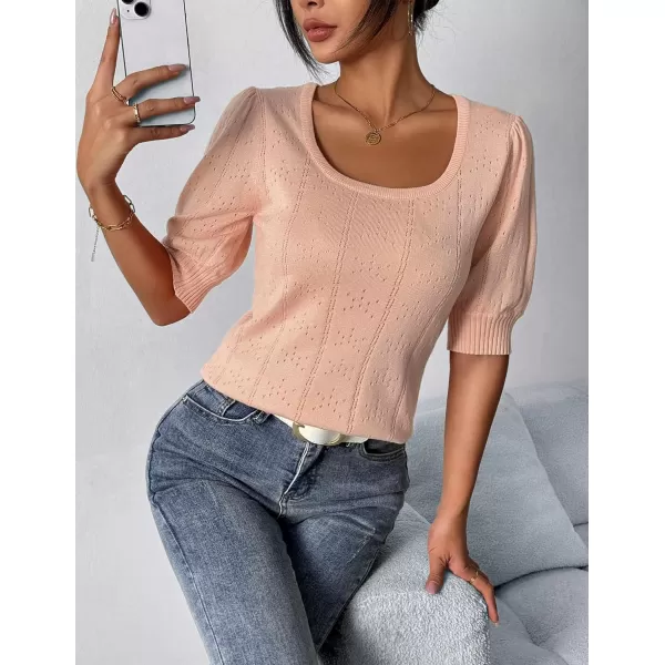 imageHOTOUCH Sweater for Women 2024 Fall Trendy Puff Tops Casual Eyelet Knit Square Neck Tunic Shirt Blouses SXXLPink