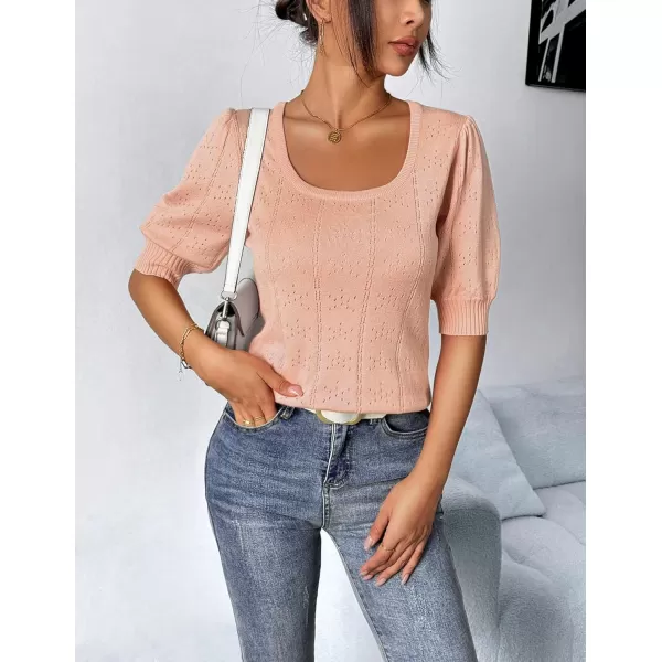 imageHOTOUCH Sweater for Women 2024 Fall Trendy Puff Tops Casual Eyelet Knit Square Neck Tunic Shirt Blouses SXXLPink