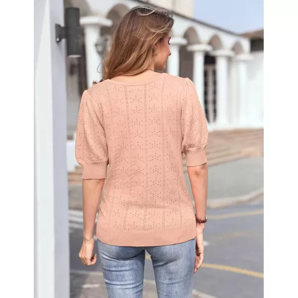 imageHOTOUCH Sweater for Women 2024 Fall Trendy Puff Tops Casual Eyelet Knit Square Neck Tunic Shirt Blouses SXXLPink